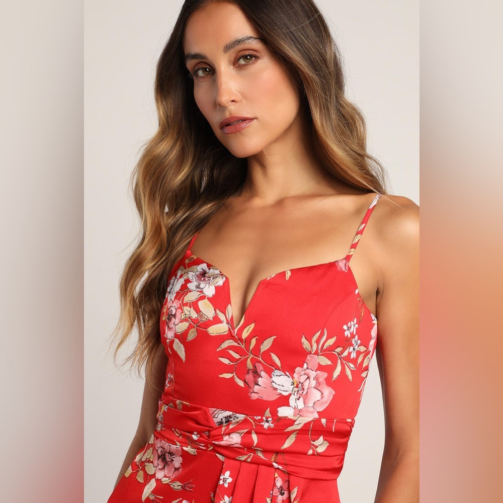 Lulus My Favorite Day Red Floral Print Tulip Skirt Midi Dress Size XS